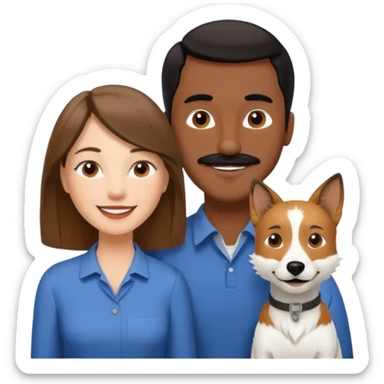 Quiero a una mujer blanca  con el pelo por el hombro lacio castaño  con un hombre de color morochito con el pelo negro y bigote, ambos felices  y un solo perro blanco Fox terrier  sticker