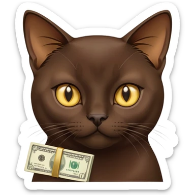 Dark brown Burmese cat with money sticker