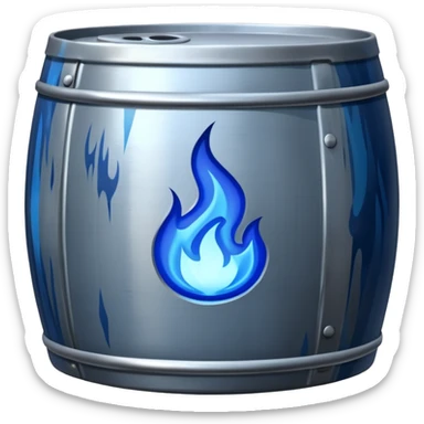 generate a realistic rust-free metal barrel with blue fire on it sticker