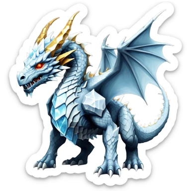 This extraordinary hybrid creature combines the elemental power of an ice dragon with the raw physical might of a stone golem. Its core body resembles a cluster of angular, faceted stones that have been infused with magical ice energy. The creature's head features a draconic shape with curved horns and piercing amber-gold eyes, but parts of its face retain the jagged stone texture. Blue-white energy flows between the gray rock segments, creating glowing lines throughout its body. The creature has developed partial wings made of crystalline ice formations extending from its rocky frame, and its tail alternates between stone segments and ice spikes. Sharp teeth line its mouth, some appearing as polished stone, others as ice crystals. Frost continuously emanates from its body, and when it moves, it creates a distinctive sound of grinding stone and crackling ice. full body sticker