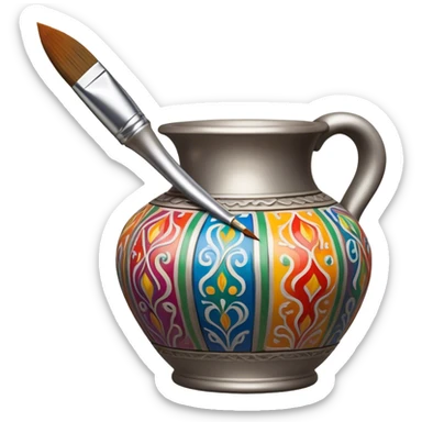 Metal painting icon, fine paintbrush painting a detailed metal statuette or vase with bright, vivid colors, visible strokes and intricate patterns, no finished artwork, just the painting process, minimalistic style, clean lines, transparent background. sticker