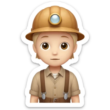 Shelly has a small, chibi-style body with a large ammonite-shaped head that looks like a beige fossil shell. One side of her head has a dark opening, making it clear she isn’t human. Her face is simple and soft, with big round eyes. She wears a brown suspender outfit over a lighter shirt sticker