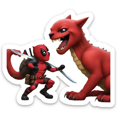 Deadpool on a giant cat fighting a dragon sticker
