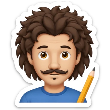 Make a cute guy with bouncy curly dark brown hair with a disconnected goatee and medium skin with a thin parted pencil mustache and lion ears sticker