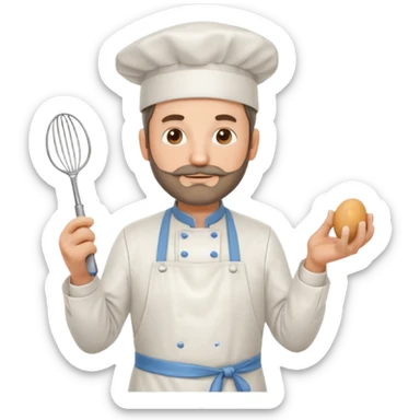 Middle aged male pastry chef - with a small beard, apron, white hat, holding an egg beater in his right hand, and his left hand naturally hanging down to his side sticker