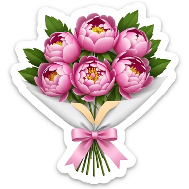 Bouquet of pink flower peony wrapped in white paper sticker
