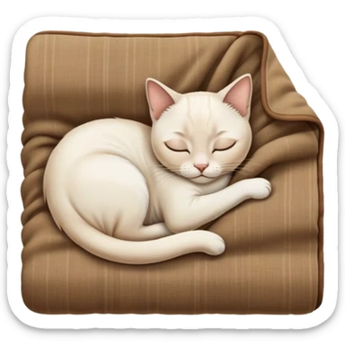 A white Siamese cat sleeps in a brown blanket sticker
