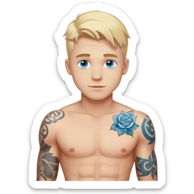 Handsome shirtless blonde hair and blue eyes white guy with body tattoos sexy pose sfw sticker