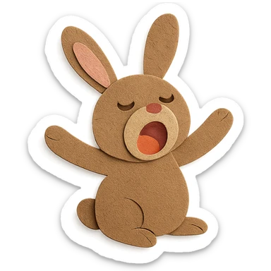brown bunny stretching arms while yawning, paper-craft style sticker