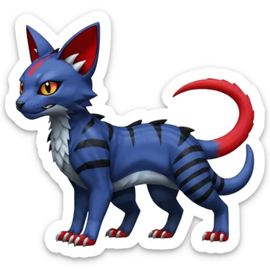 Dark dusky gloomy spooky midnight blue-gray-black, with red markings, white belly, scaley scaly batty feline-like quadrupedal digitigrade furry feral Bastet-Noibat-Gatomon-Garchomp-Digimon-Fakémon-Pokémon-creature (full body) sticker