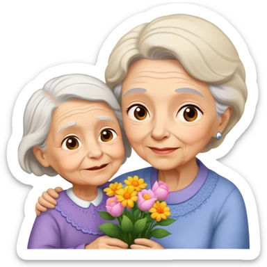 child giving flowers to an elderly woman, warm and expressive sticker