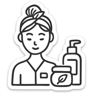 cosmetologist, skincare products, minimalist icon, line art sticker