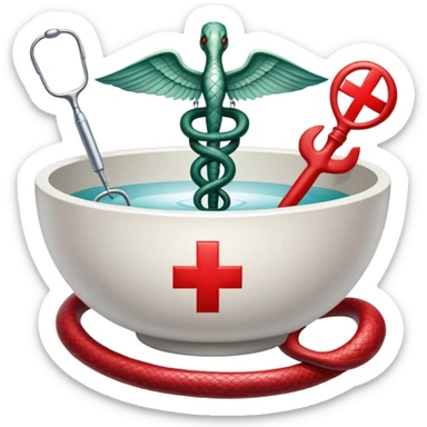 An icon featuring a caduceus (a bowl with a snake), a red cross, symbolizing medicine. The design includes medical tools and symbols, representing healthcare, diagnosis, and healing practices. Transparent background highlights the profession and study of medicine. sticker