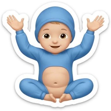 A smiling newborn baby wearing a blue onesie, moving its arms and hands. sticker