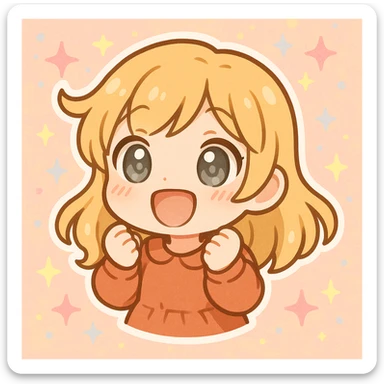 Add a playful, pastel background with stars and sparkles, keeping the chibi stickers style. sticker
