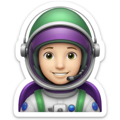An astronaut wearing a cowboy's hat on his helmet, green and purple accents for the space suit sticker