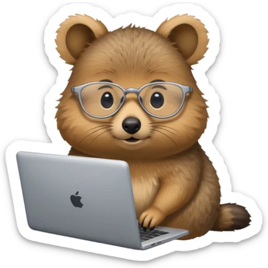Silver-rimmed, bespectacled front quokka working on a laptop sticker
