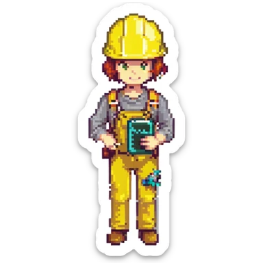 pixel art style engineer with yellow helmet and ruler sticker