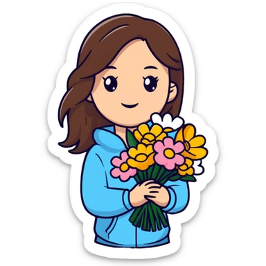 Cool girl with long brown hair holding a bouquet of flowers sticker