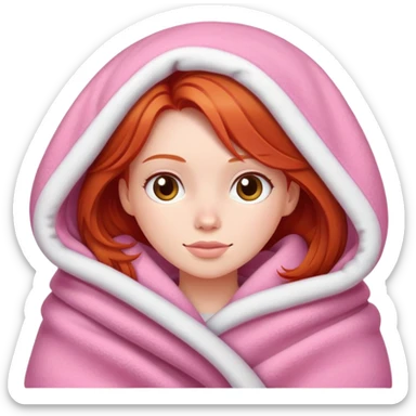 A redhead girl with a pink big cozy blanket sticker