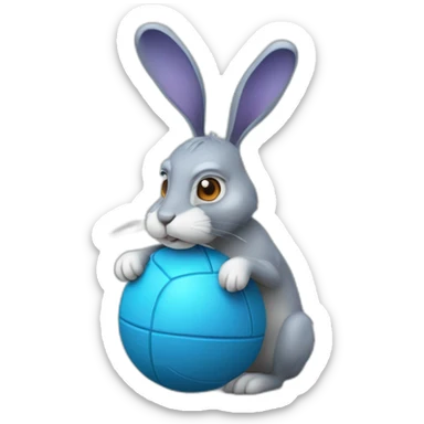 Blue hare in the form of a ball (a ball with a face on it, and arms, legs, ears, tail sticking out from it) sticker