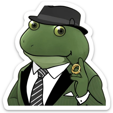 mob boss Italian frog wearing a pinstripe suit, fedora, and gold ring, taking tea sticker