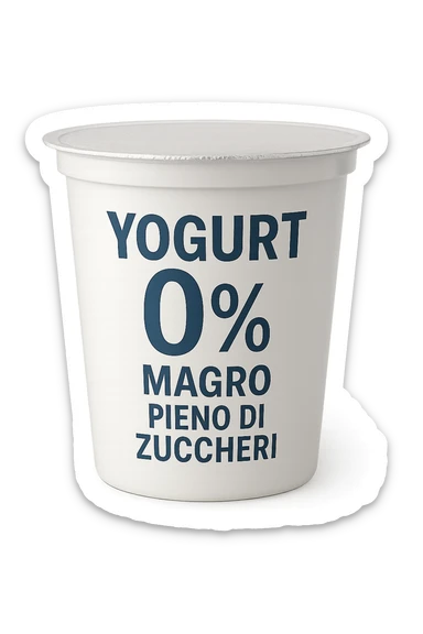 confezione di Yogurt 0% con la scritta "Yogurt 0% magro ma pieno di zuccheri" sull'etichetta sticker