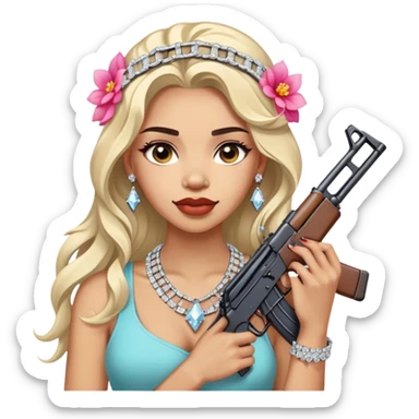 A beautiful woman with flowers in her hair, holding an AK-47 and has diamond grills in her teeth and big diamond chain on her neck that says icy and B diamond sticker