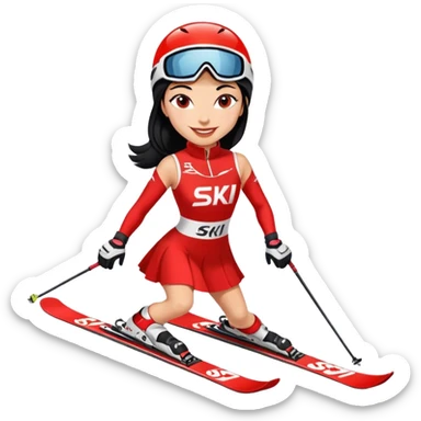 Ski racer woman red white dress written STEPHANIE on the dress black hair smile sticker