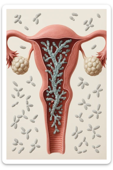utero umano realistico con batteri della candida intorno, la foto si deve vedere per intero in formato verticale, sfondo neutro chiaro, iperrealistico 4k sticker