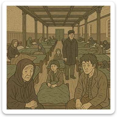 interior of a Victorian workhouse for the poor and ill, long rows of beds, somber atmosphere, people in ragged clothing, muted colors, historical details, ukiyo-e style sticker