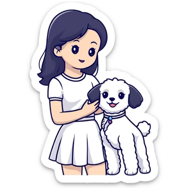 A beautiful girl with long straight black hair wearing a white skirt holding a small white Bichon Frise sticker