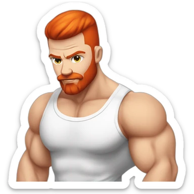 Bodybuilder skinhead man with a red beard, in a T-shirt with the inscription POWERLIFTING sticker