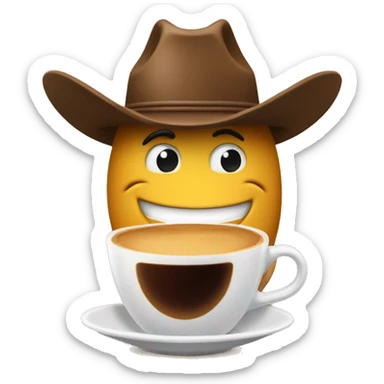 grinning histerically face with a cowboy hat brewing coffee on a horse  sticker