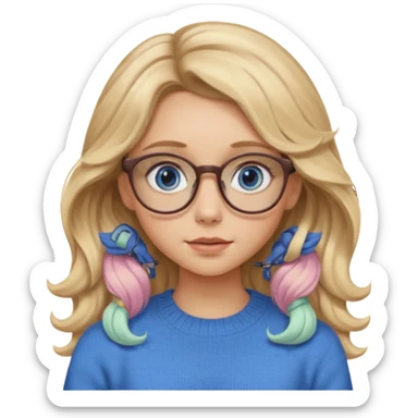 blonde girl with long dark blonde wavy hair, blue big eyes, pantos-style glasses, a brown sweater, sitting and looking in laptop, soft pastel, upper body shot sticker