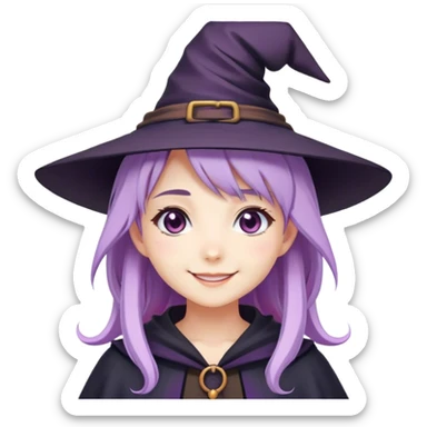 cute anime girl with lilac hair wearing a witch hat smiling sticker