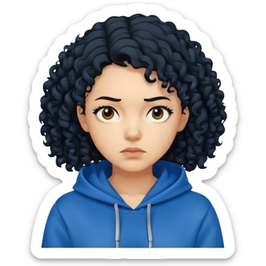 A woman with curly black hair, wearing a blue-black hoodie, and a slightly serious expression on her face. sticker