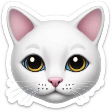 White cat with black spots, a pink nose, and a clipped ear sticker