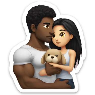 black haired girl holding a plushie while being kissed in the head by her strong muscular bf sticker
