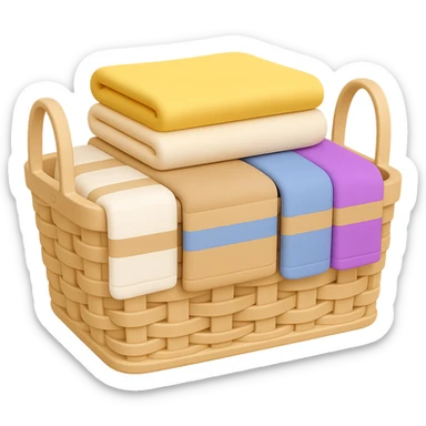 Make the wicker basket a little lighter in color, keep socks draped over towels and folded towels on top, in the style of emoji. Remove the background. sticker