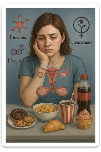 Donna tra i 25 e i 35 anni con espressione affaticata e delusa, seduta a tavola. Davanti a lei cibi ad alto indice glicemico: dolci industriali, cereali raffinati, bibite zuccherate. In trasparenza sopra il suo corpo si vedono ovaie con cisti multiple (PCOS) e un simbolo stilizzato di fertilità (utero con fiore appassito o cerchio spezzato). Attorno a lei fluttuano molecole simboliche come '↑ Insulina', '↑ Testosterone', '↓ Ovulazione'. Atmosfera triste ma educativa. Colori freddi con accenti in rosso e viola. Stile realistico con elementi visivi simbolici chiari in italiano sticker