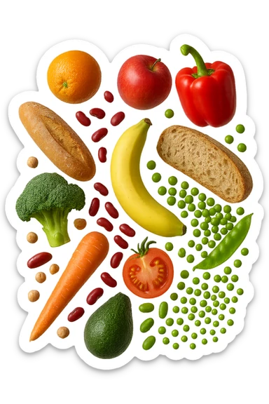 FRUTTA, PANE, LEGUMI E VERDURE CRUDE FLUTTUANO IN ARIA, IPERREALISTICA 4K sticker
