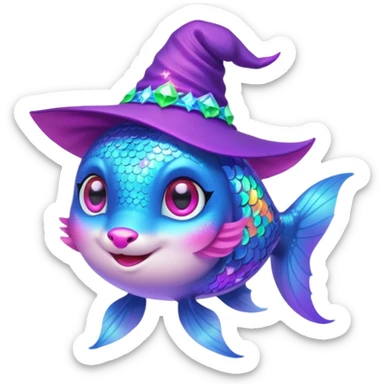 Make the rainbow fish glow with a magical aura and change the blue fox to a neon teal color, keep the purple sparkly witch hat, magical background, and big pink heart in vibrant toon style. sticker
