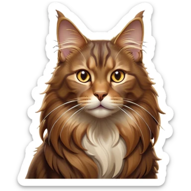 Cinematic Brown Maine Coon Cat Portrait Emoji, Elegant and alert, sleek brown and gold tones with hints of deep auburn, Simplified yet sharp features, highly detailed, glowing with a warm, confident glow, high shine, intelligent and poised with an air of wisdom, stylized with an air of grace, focused and attentive with a calm, old soul expression, soft glowing outline, capturing the essence of experience and majesty, so lifelike it feels as though it could spring into motion at any moment, radiating wisdom and grace. sticker