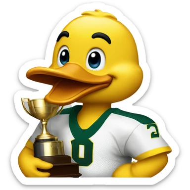 Oregon duck cuddling a trophy sticker
