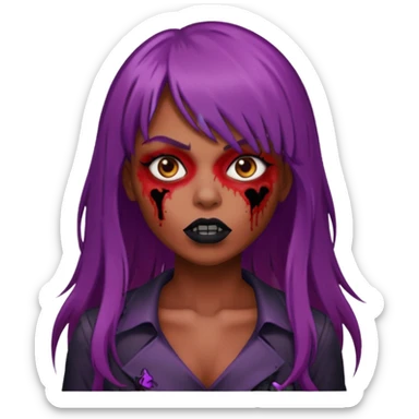 vampira gótica parda zumbi de cabelo longo e vermelho quase roxo e franja e roupa com decote e batom preto sticker