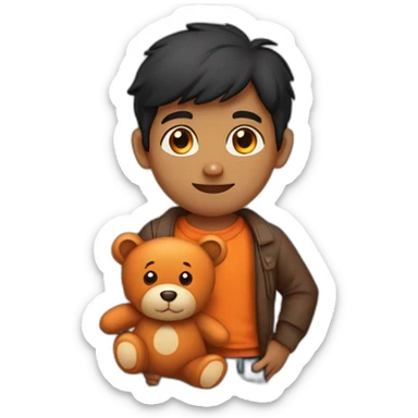 indian kid with black hair wearing a collared brown sweater polo holding a orange teddy bear sticker
