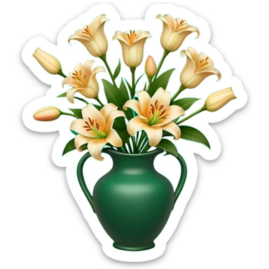 Lily and Rose bouquet in a dark green pottery vase with designs sticker