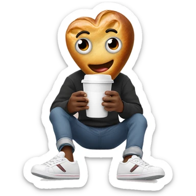 an image of a heart with eyes, hands and feet in sneakers. He holds a croissant in one hand and a cup of coffee in the other sticker
