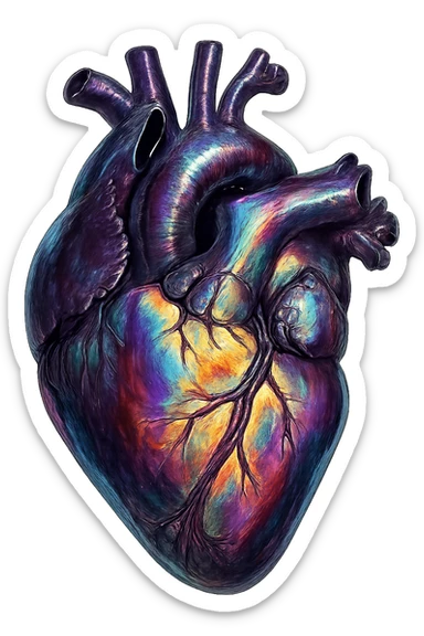 realistic digital art of a heart with a rainbow iridescent finish, no background sticker